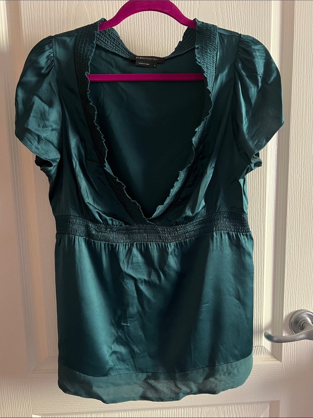 BCBGMaxAzria Teal V-Neck Smocked-Waist Satin Blouse